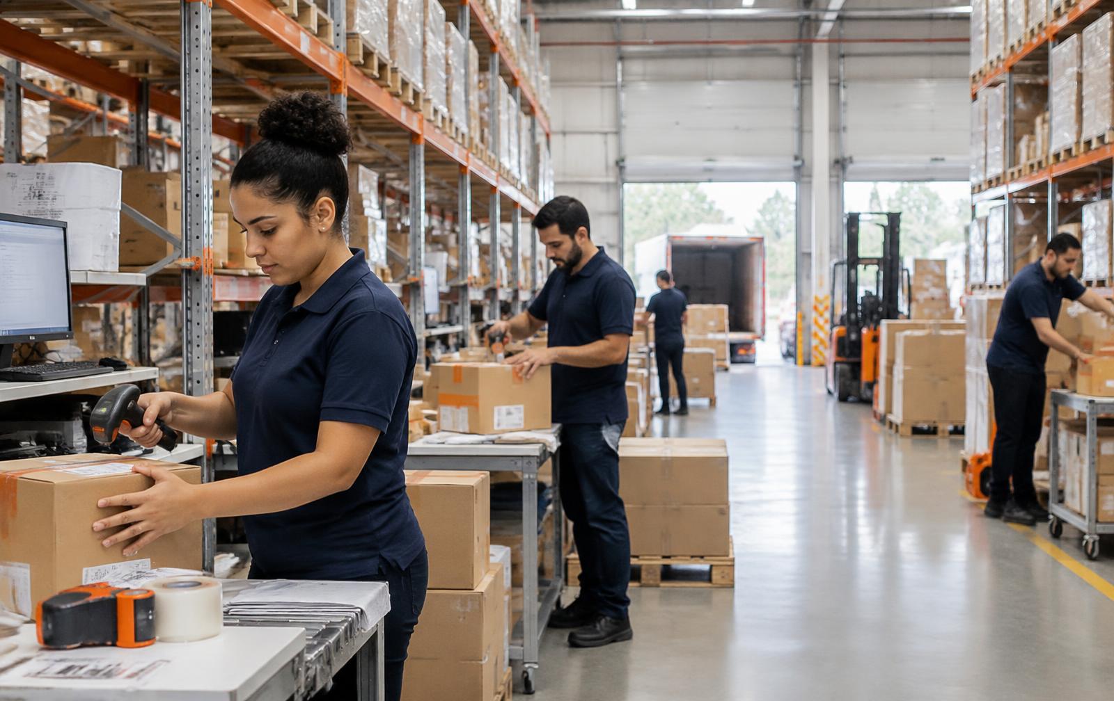 Equipe da OLI preparando pedidos em um centro logístico
